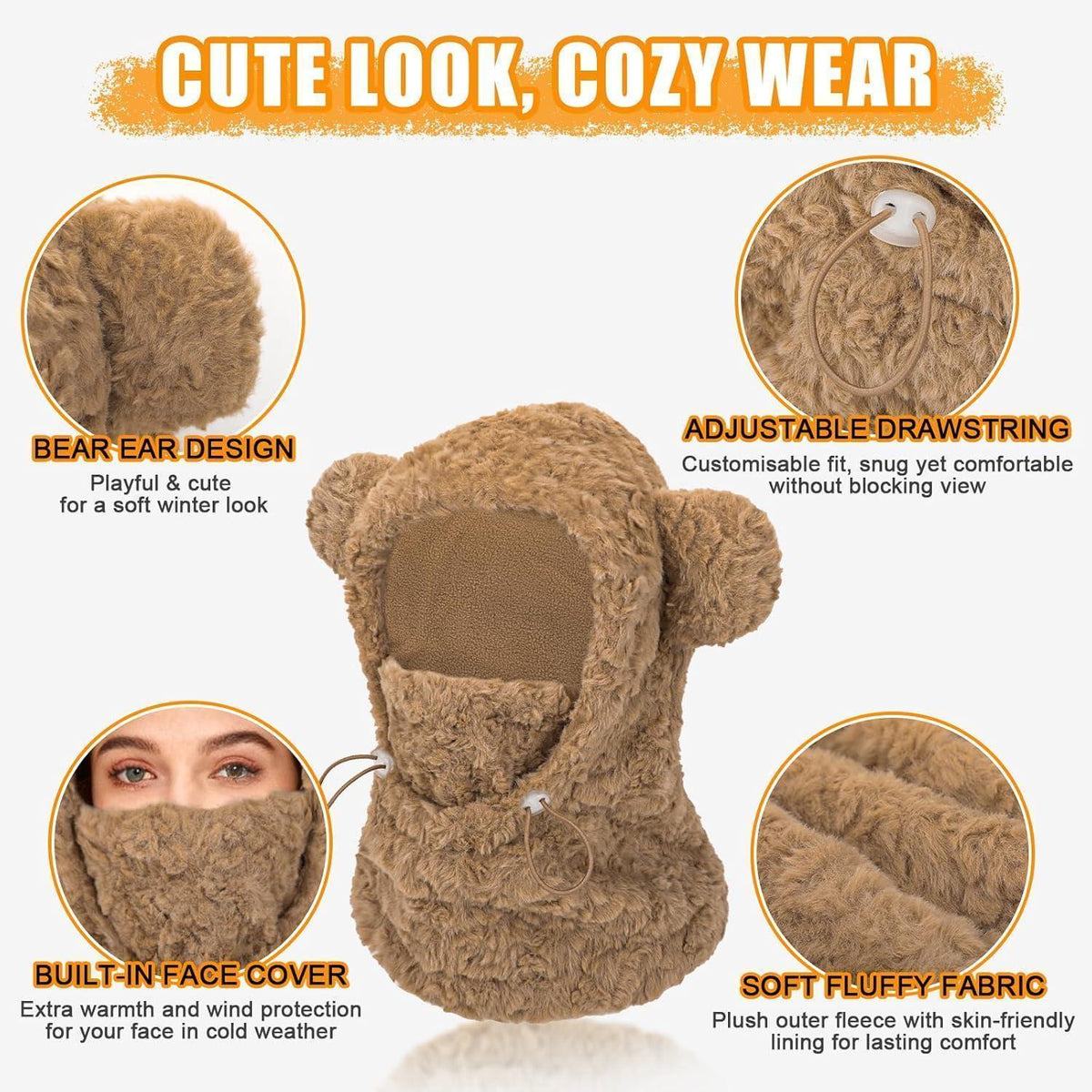Damen Balaclava mit Bärenohren – Wintermütze, Schal & Maske