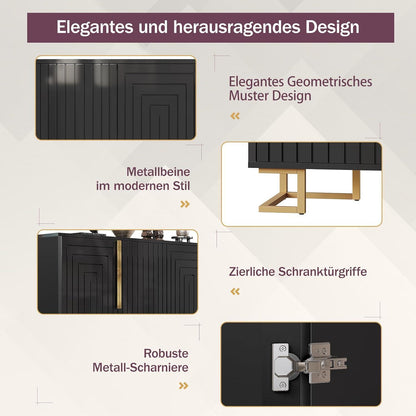 Sideboard Schwarz mit 2 Türen & 4 Fächern – Geometrisches Design