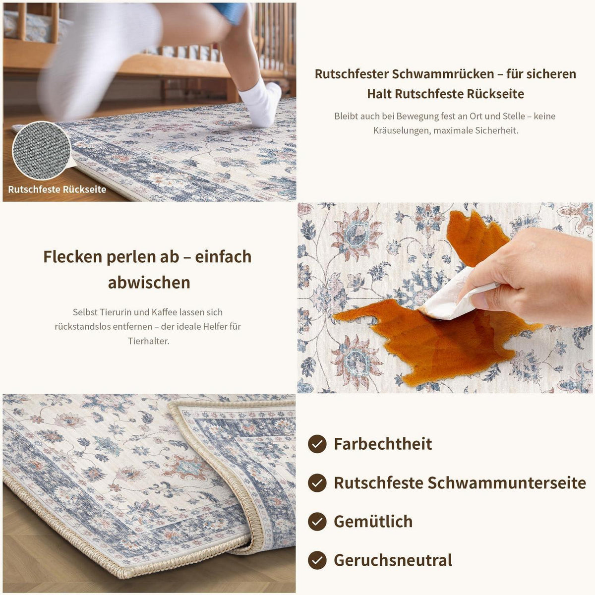 Waschbarer Teppich Blau & Weiß 160x230cm – Vintage Wohnzimmer Teppich