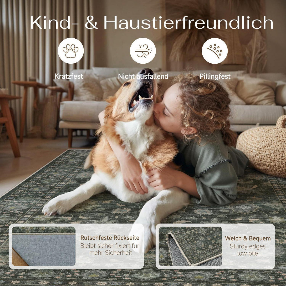 Waschbarer Teppich Grün 200x300cm – Vintage Wohnzimmerteppich