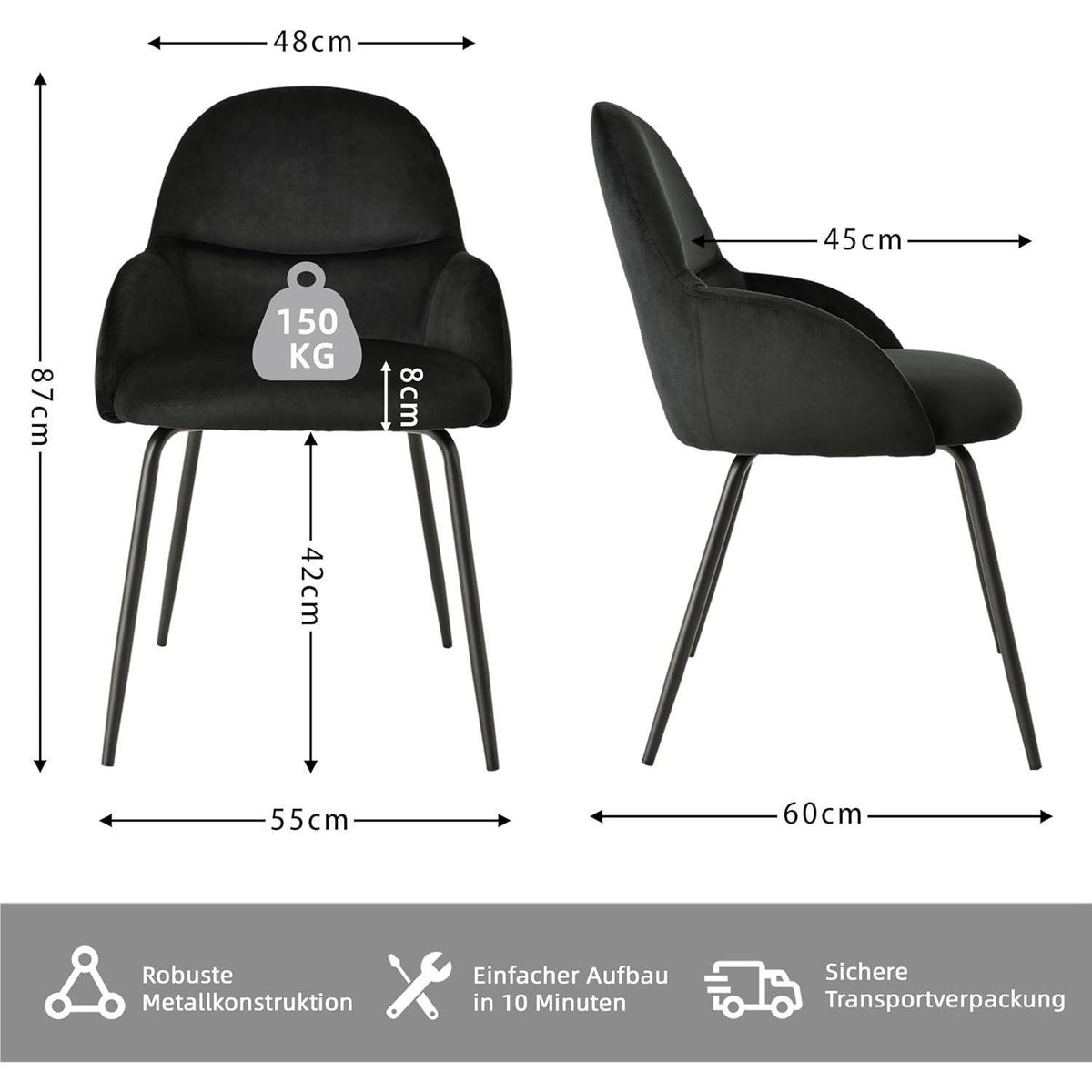 Esszimmerstühle 6er Set mit Armlehne – Schwarz, Samt & Metall