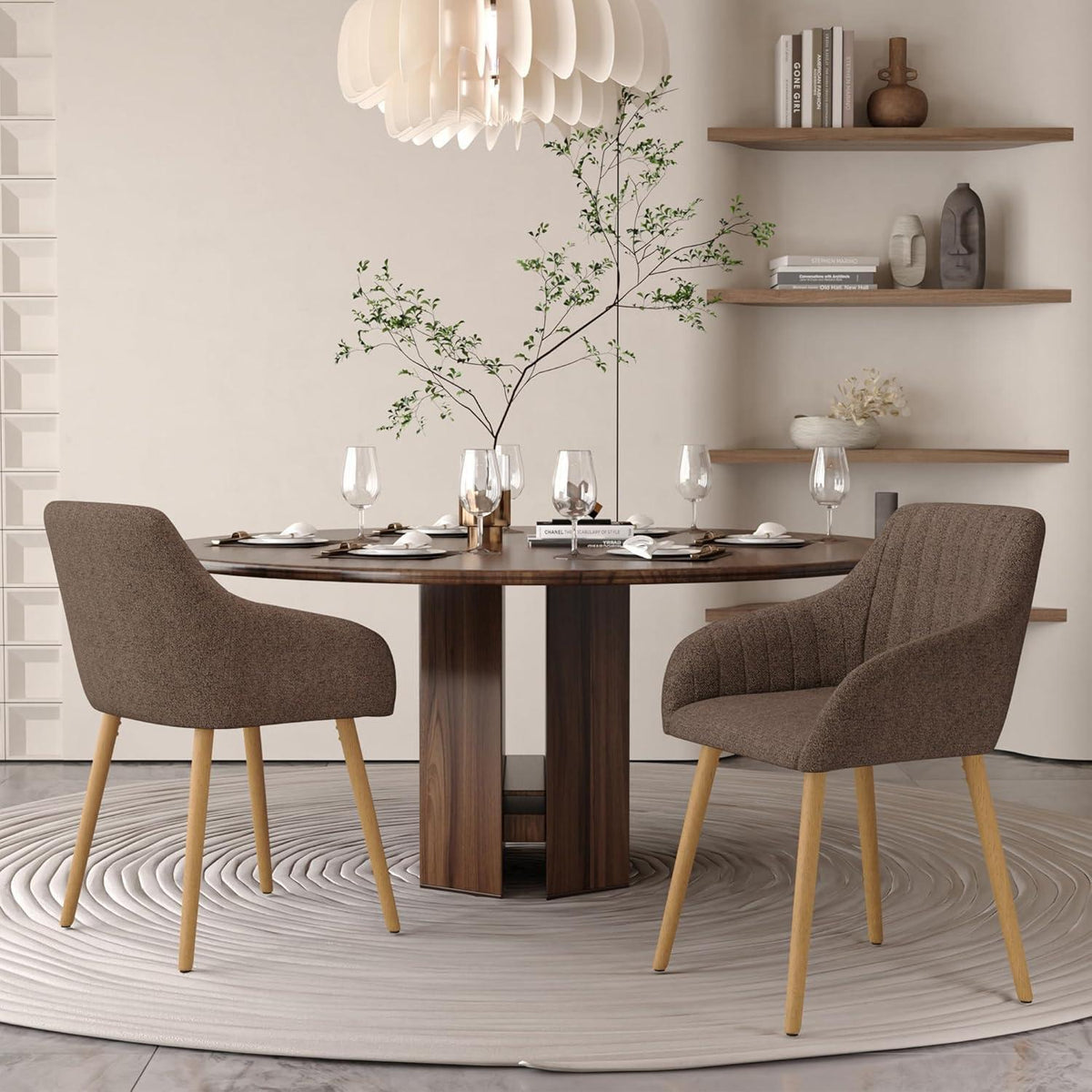 Esszimmerstühle Set 4er Beige Holzbeine mit Armlehne
