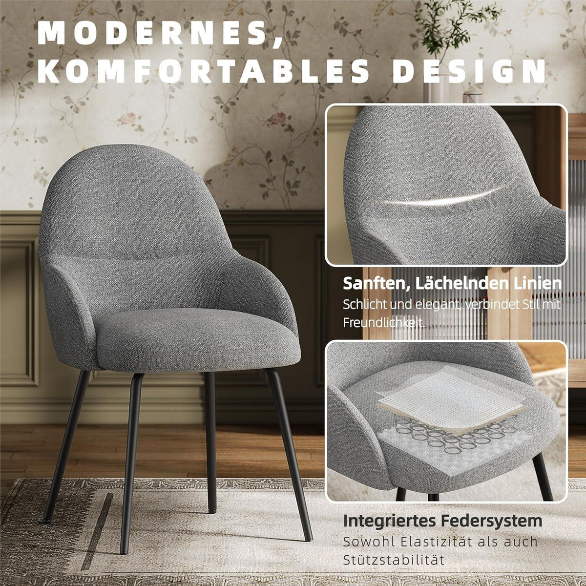 Esszimmerstühle 6er Set mit Armlehne – Hellgrau & Modern