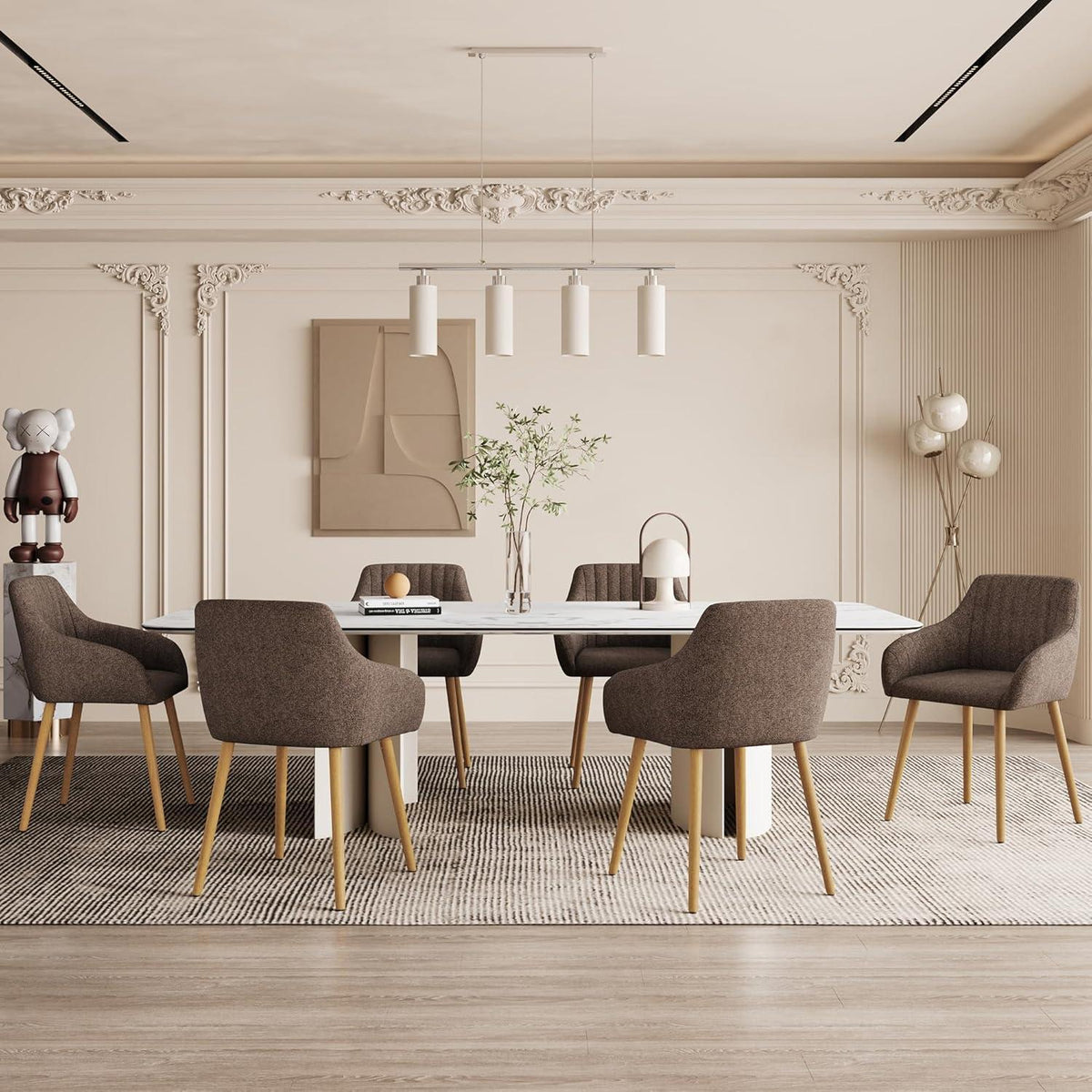 Esszimmerstühle Beige mit Armlehne & Holzbeinen – 6er Set