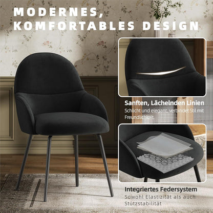 Esszimmerstühle 4er Set mit Armlehne – Schwarz Samt & Metall