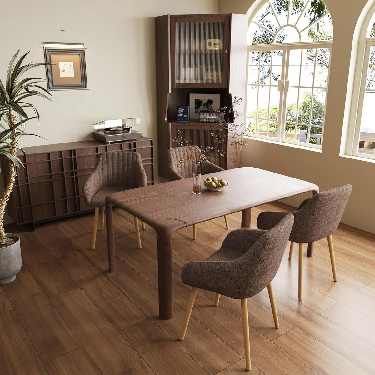 Esszimmerstühle Set 2 beige Holzbeine mit Armlehne