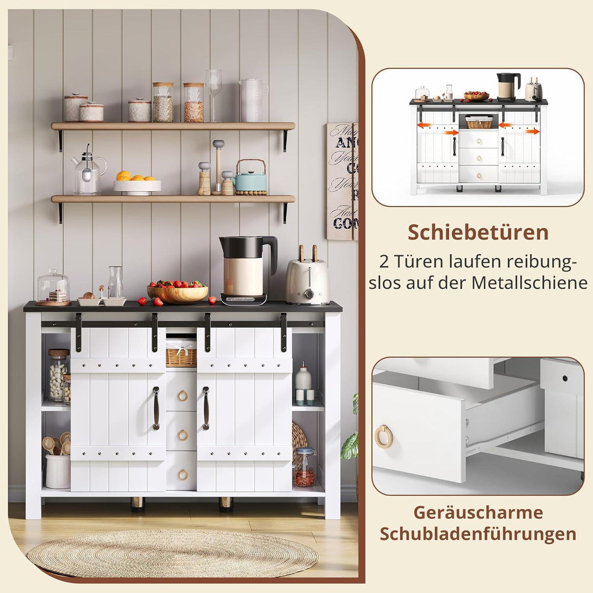 Weisse Kommode mit 3 Schubladen & Schiebetüren – 120x40x80cm
