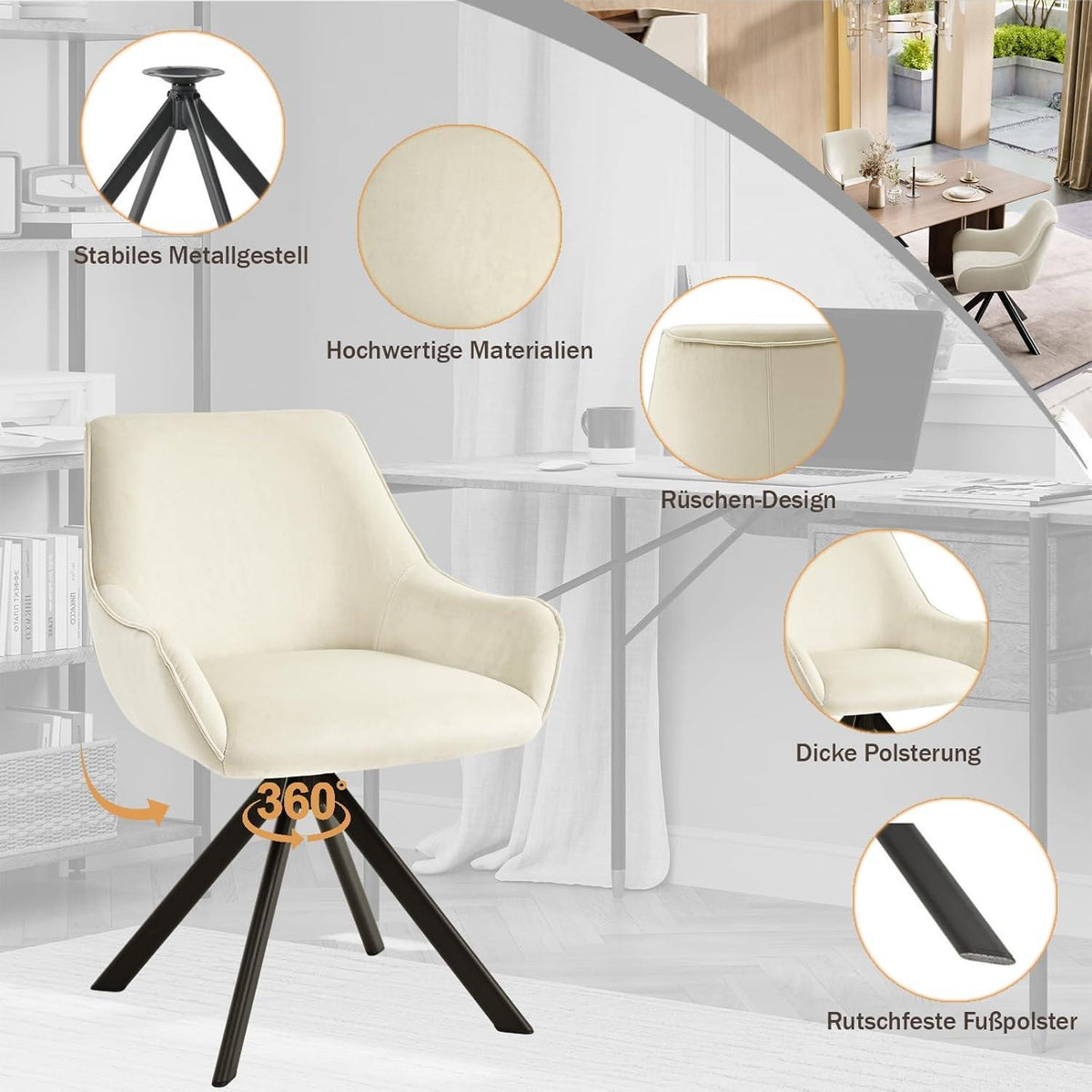 Drehbarer Esszimmerstuhl Set 4er – Samt, Cremeweiß, Modern