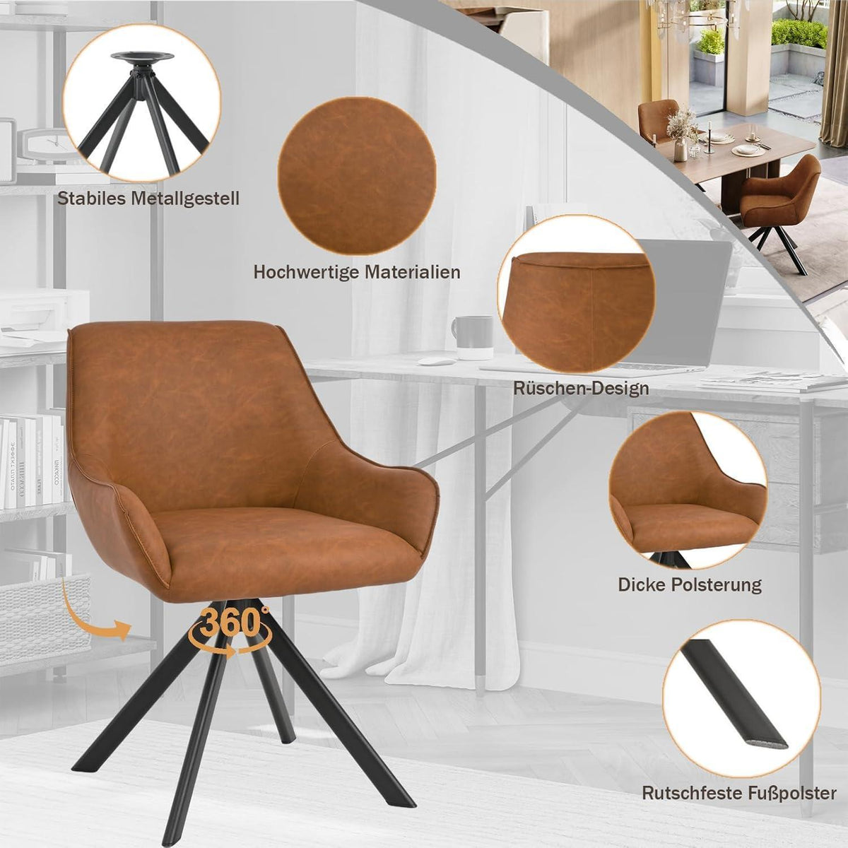Drehbarer Esszimmerstuhl 6er Set mit Armlehne – Braun