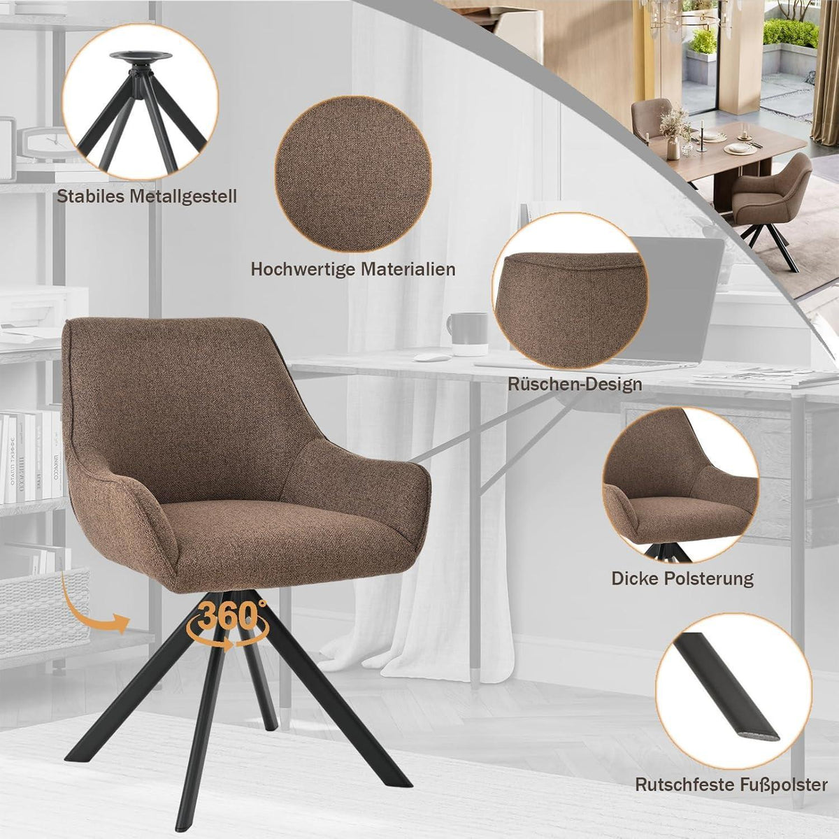 Drehbarer Esszimmerstuhl Set 4er – Polsterstuhl mit Armlehne Braun