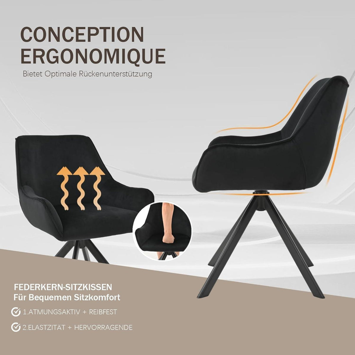 Drehbarer Esszimmerstuhl Set 4er – Samt, Schwarz, Modern