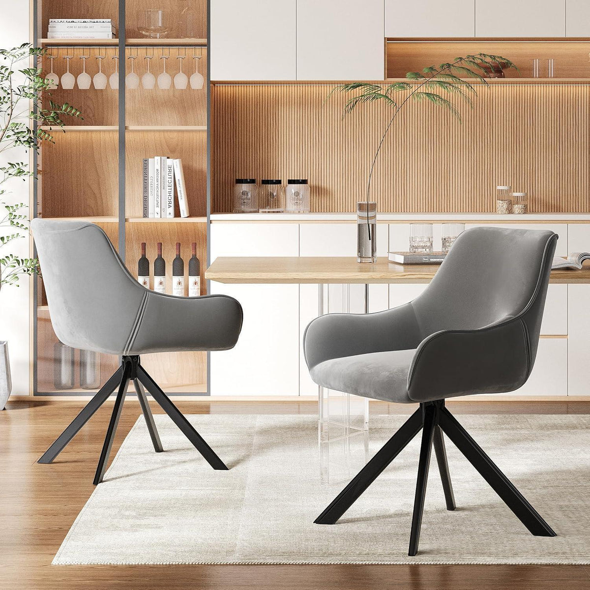 Drehbarer Esszimmerstuhl Set 4er – Samt, Hellgrau, Modern