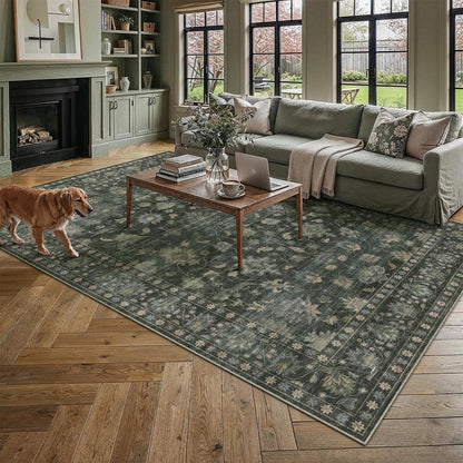 Waschbarer Teppich Grün 300x400cm – Vintage Wohnzimmerteppich