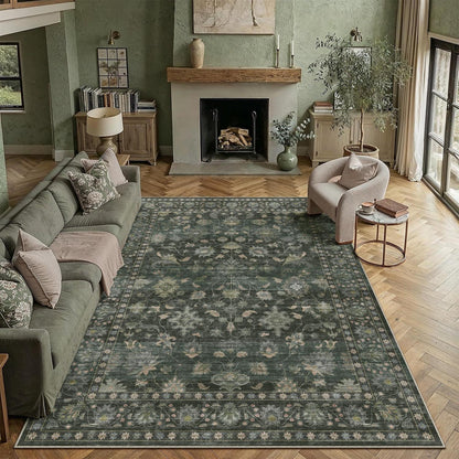 Waschbarer Teppich Grün 300x400cm – Vintage Wohnzimmerteppich