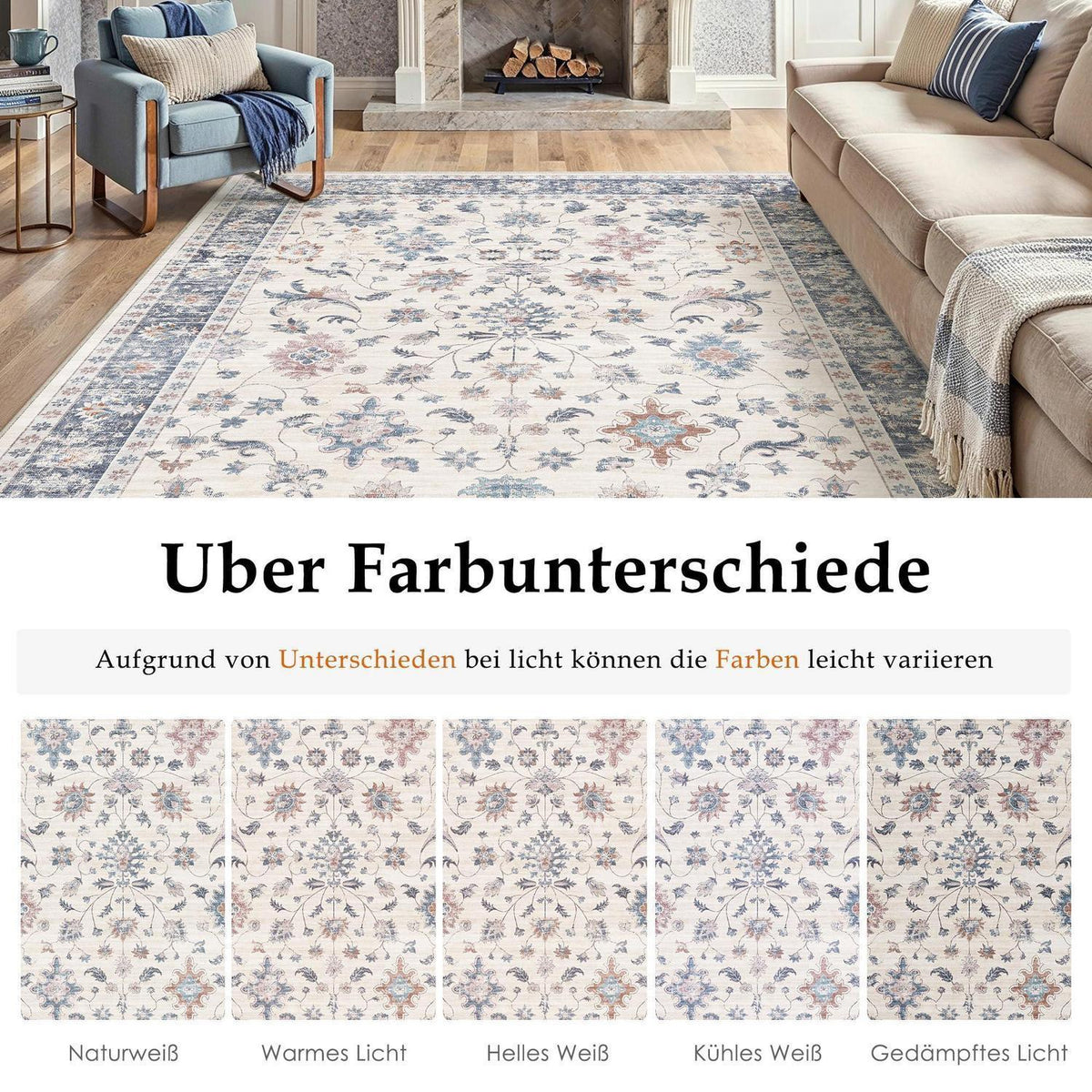 Waschbarer Teppich Blau & Weiß 300x400cm – Vintage Wohnzimmerteppich