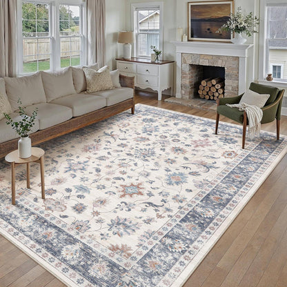 Waschbarer Teppich Blau & Weiß 300x400cm – Vintage Wohnzimmerteppich