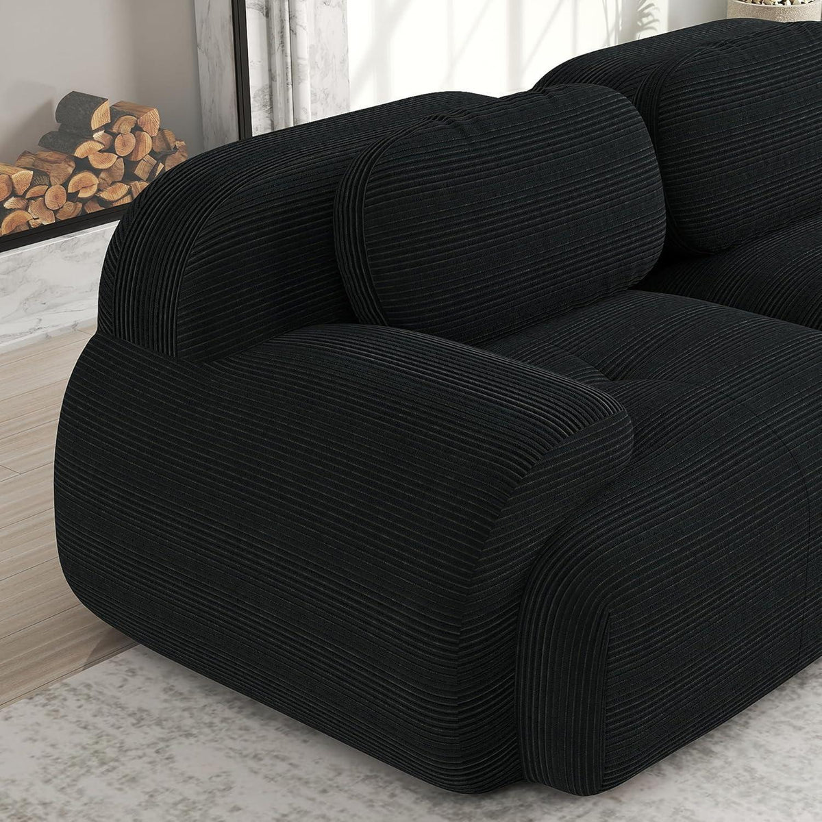 2-4 Sitzer Cord Sofa Schwarz mit Hockern – Modernes Wohnzimmer Sofa