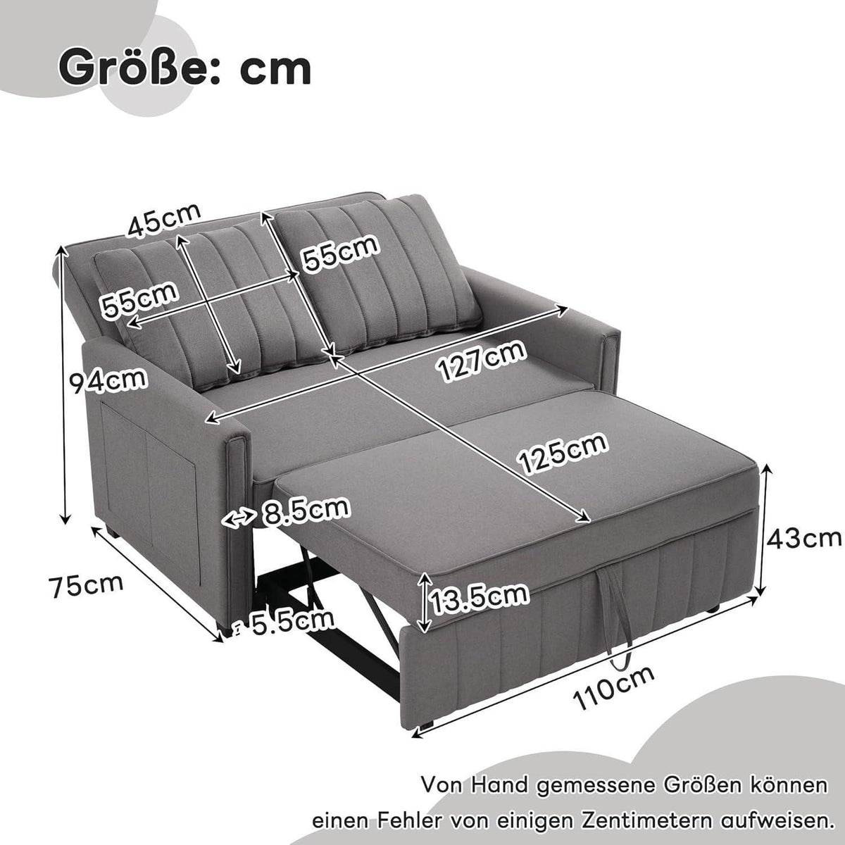 Klappsofa mit Schlaffunktion – Grau, 127x75x94cm