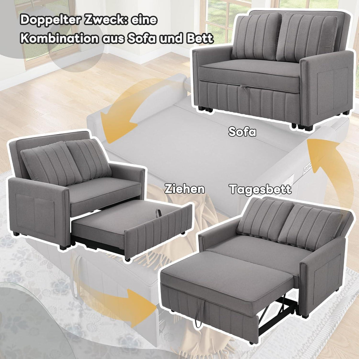 Klappsofa mit Schlaffunktion – Grau, 127x75x94cm
