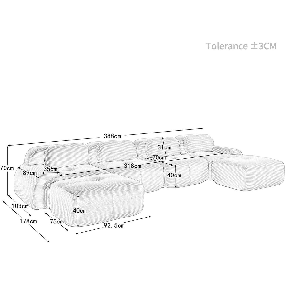 U-förmiges Cord Sofa (4-Sitzer + 2 Hocker) Beige
