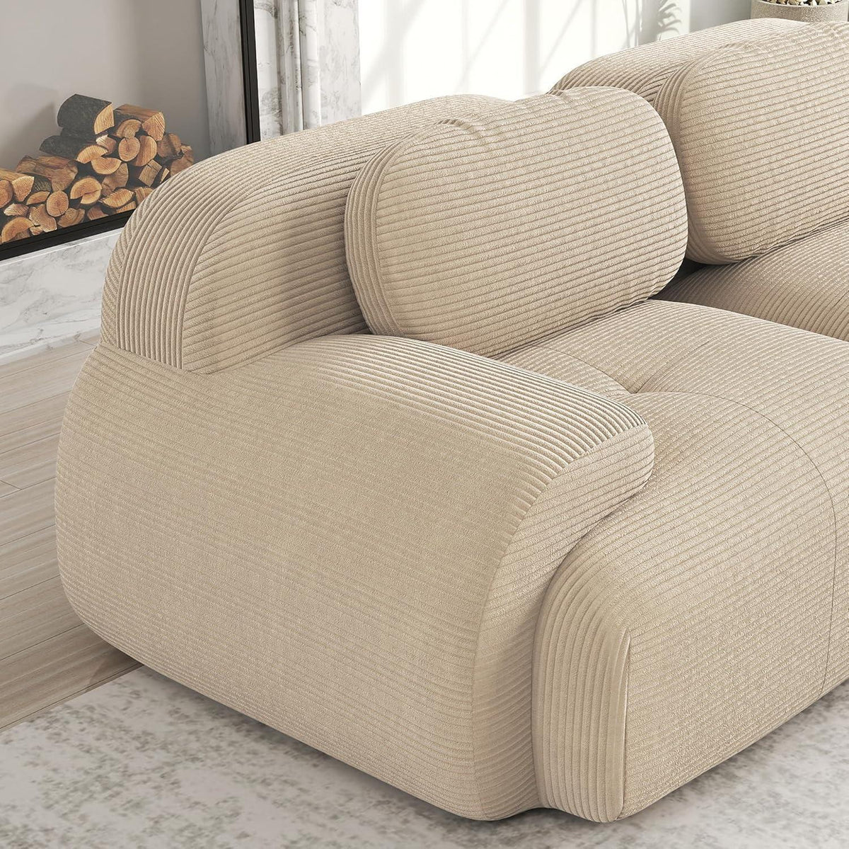 U-förmiges Cord Sofa Beige (3-Sitzer + 2 Hocker)