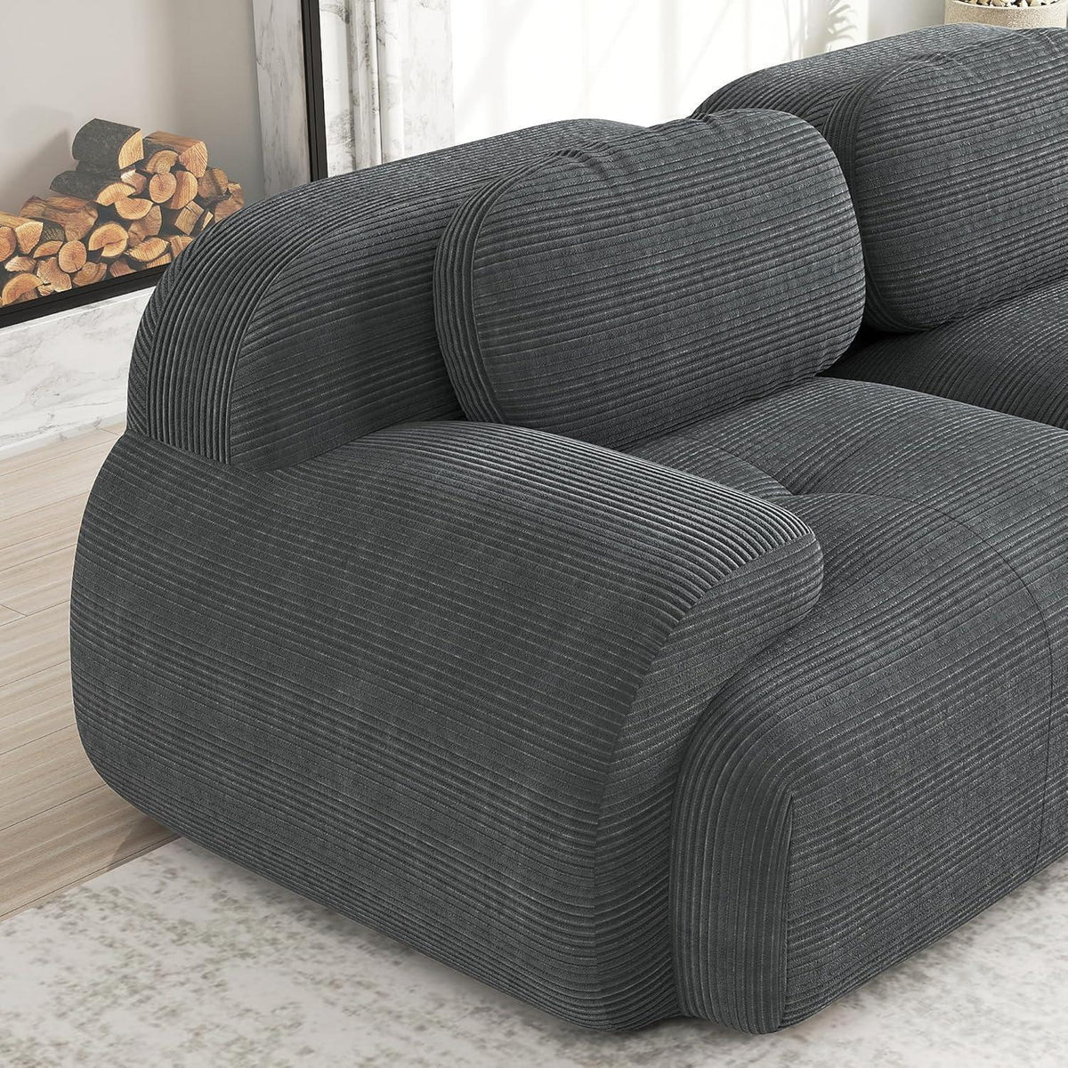 L-förmiges Sofa mit Cordstoff – Grau, 4-Sitzer + Hocker