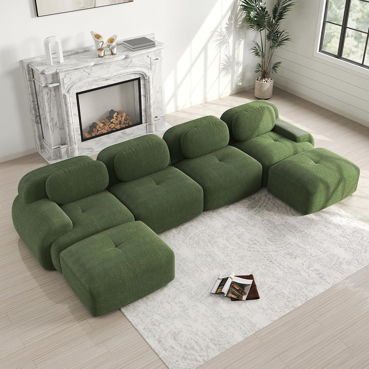 Grünes U-förmiges Sofa mit Cordstoff (4-Sitzer + 2 Hocker)