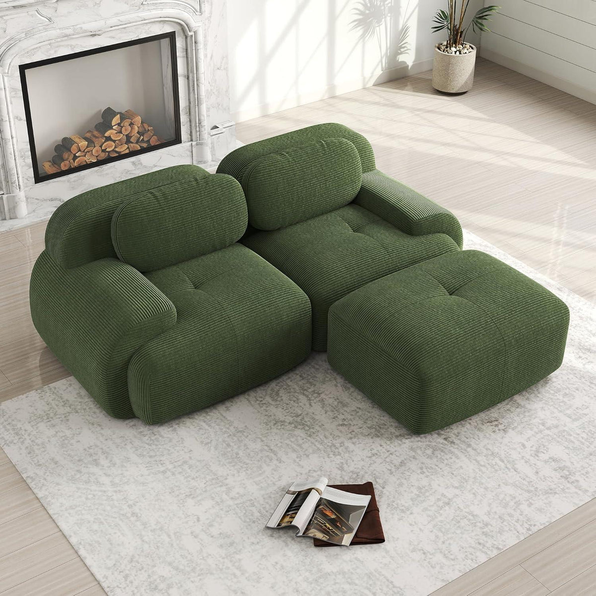 Modulares 2-3 Sitzer Cord Sofa Grün mit Hocker