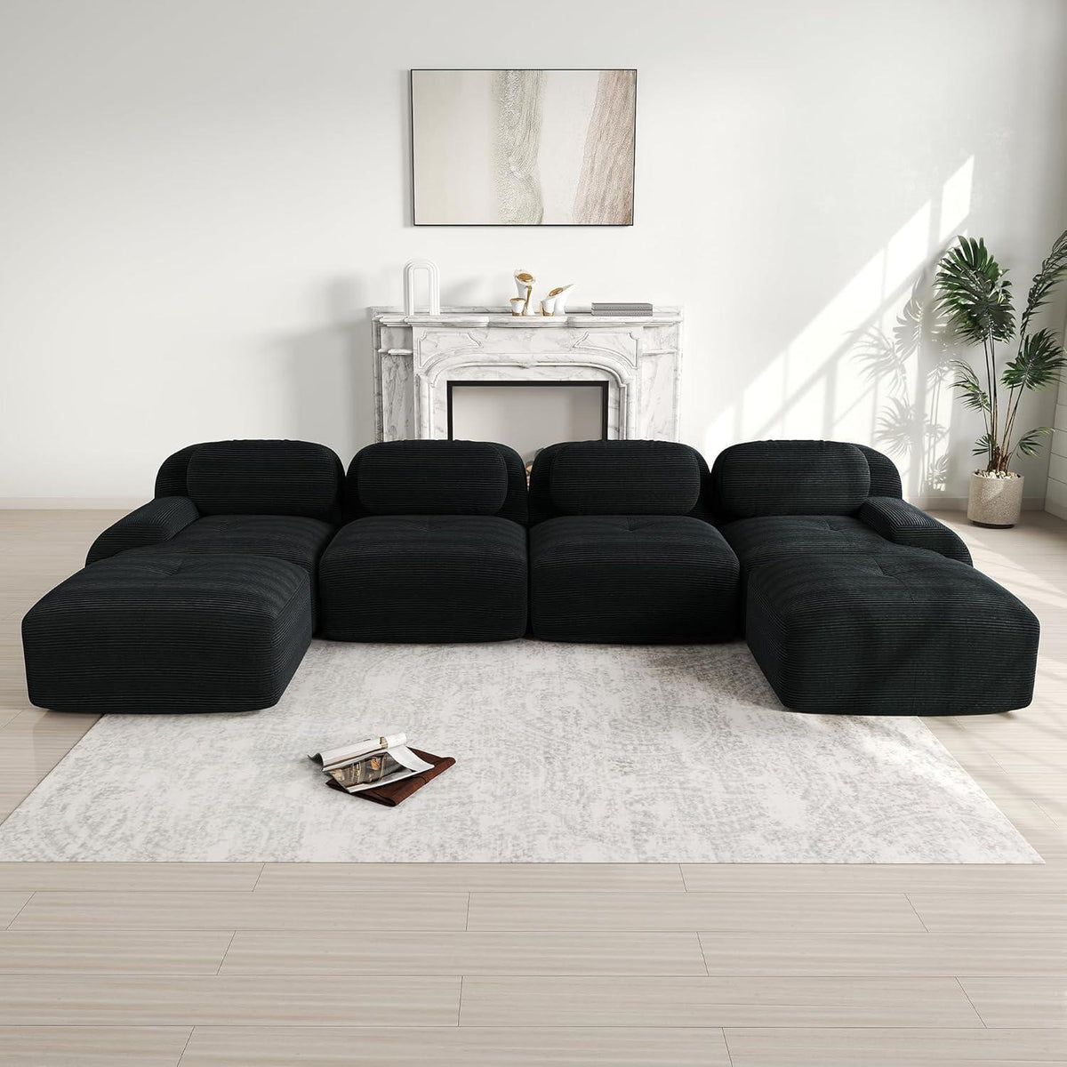 U-förmiges Cord Sofa (4-Sitzer + 2 Hocker) Schwarz