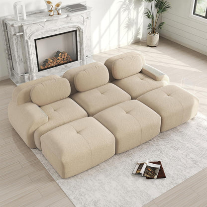 3-6 Sitzer Cord Sofa mit Hockern – Beige, Modular & Komfortabel