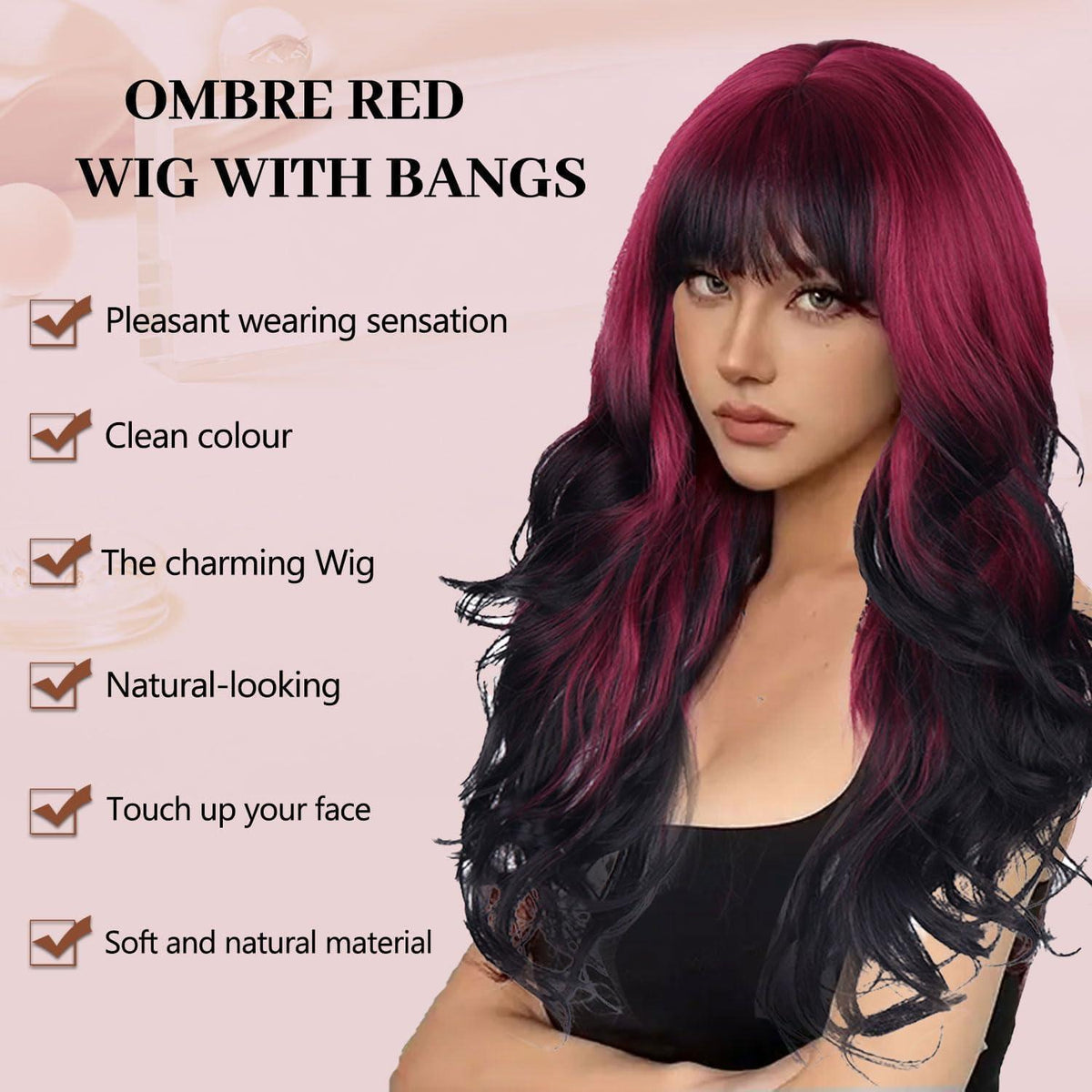 Lange Ombre Rot Locken Perücke Damen, Hitzebeständig & Natürlich