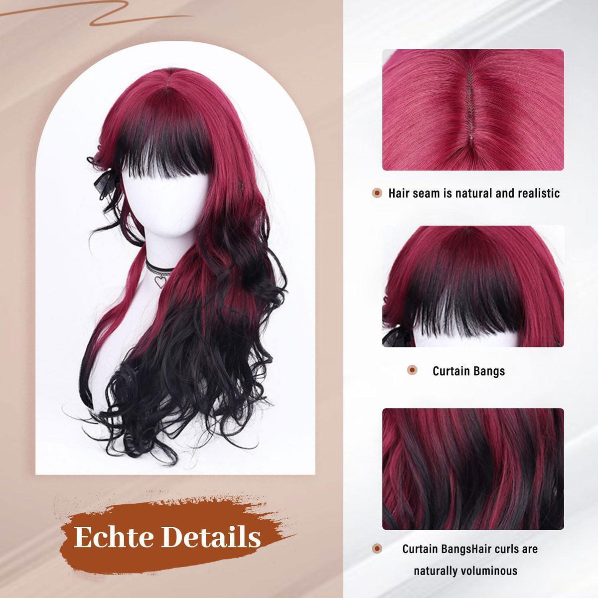 Lange Ombre Rot Locken Perücke Damen, Hitzebeständig & Natürlich
