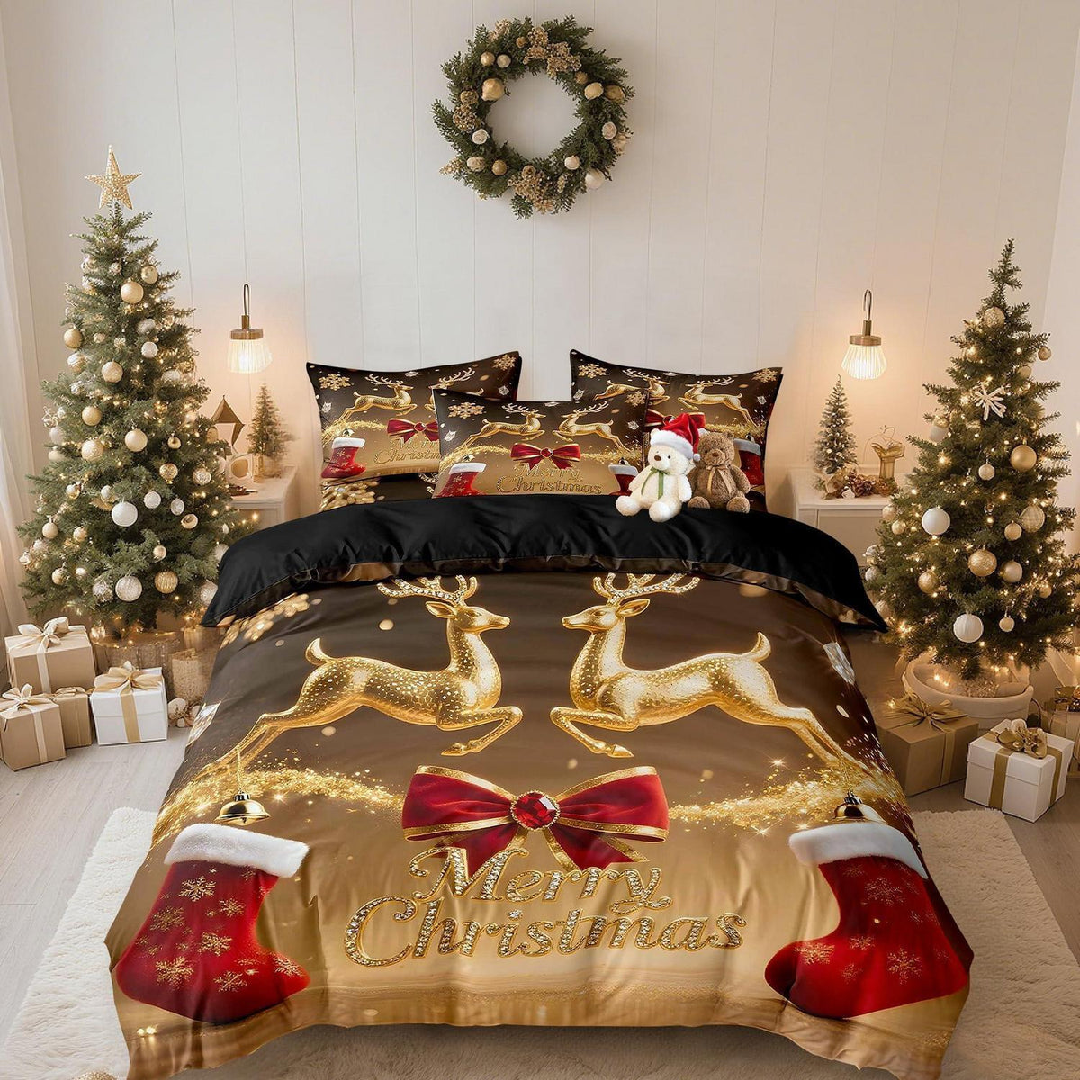 Weihnachts Bettwäsche Set 135x200cm - Rot Gold Wintermotiv