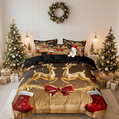 Weihnachts Bettwäsche Set 135x200cm - Rot Gold Wintermotiv