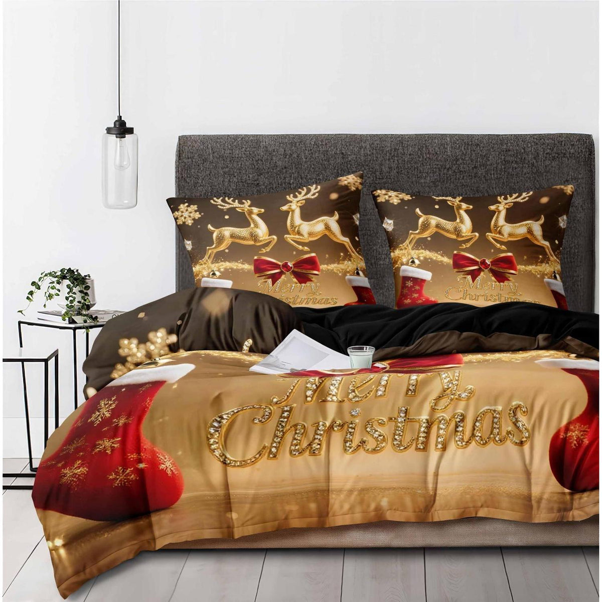 Weihnachts Bettwäsche Set 135x200cm - Rot Gold Wintermotiv