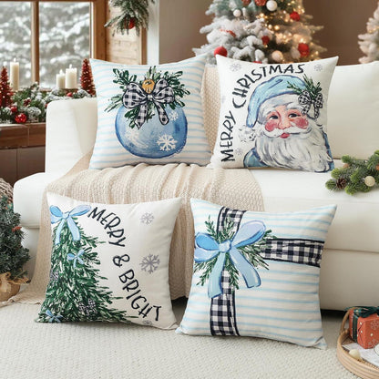 Weihnachtliche Kissenbezüge 4er-Set, 40x40cm, Weihnachtsmann & Baum