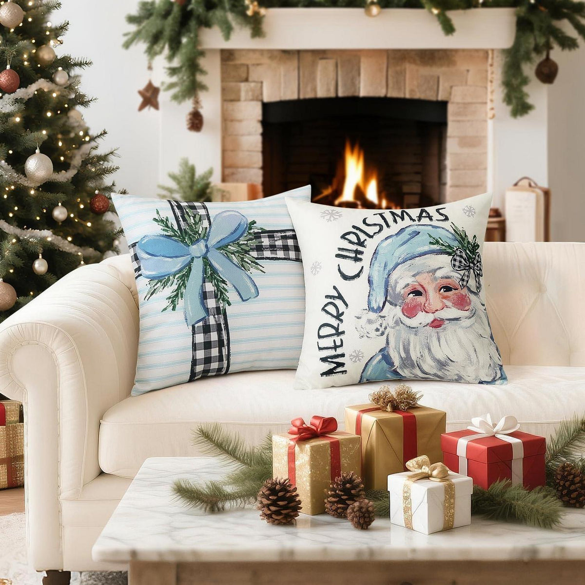 Weihnachtliche Kissenbezüge 4er-Set, 40x40cm, Weihnachtsmann & Baum