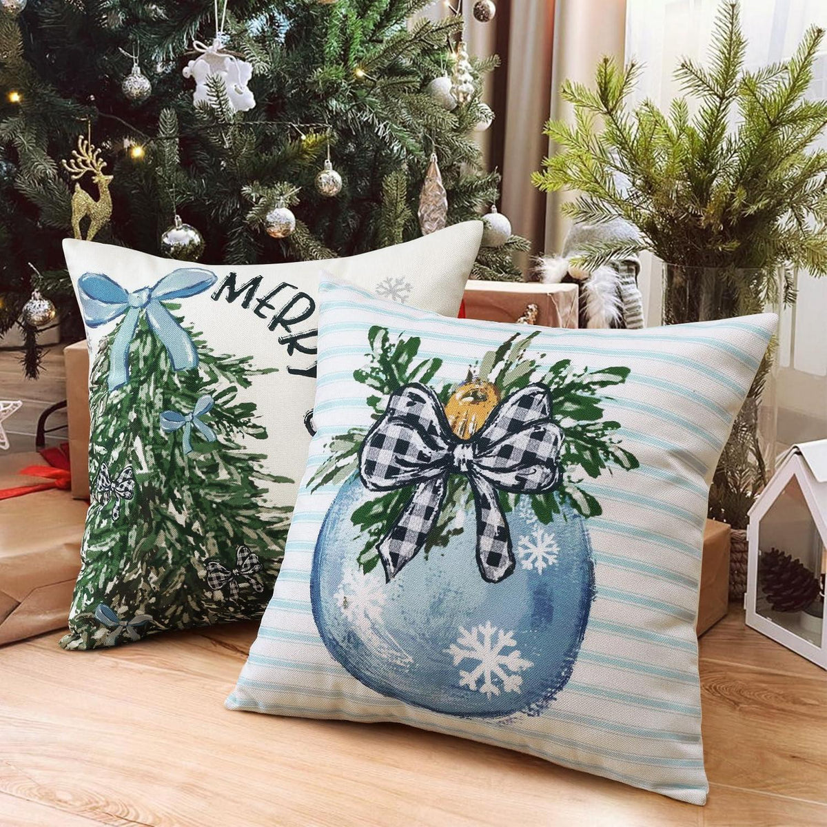 Weihnachtliche Kissenbezüge 4er-Set, 40x40cm, Weihnachtsmann & Baum