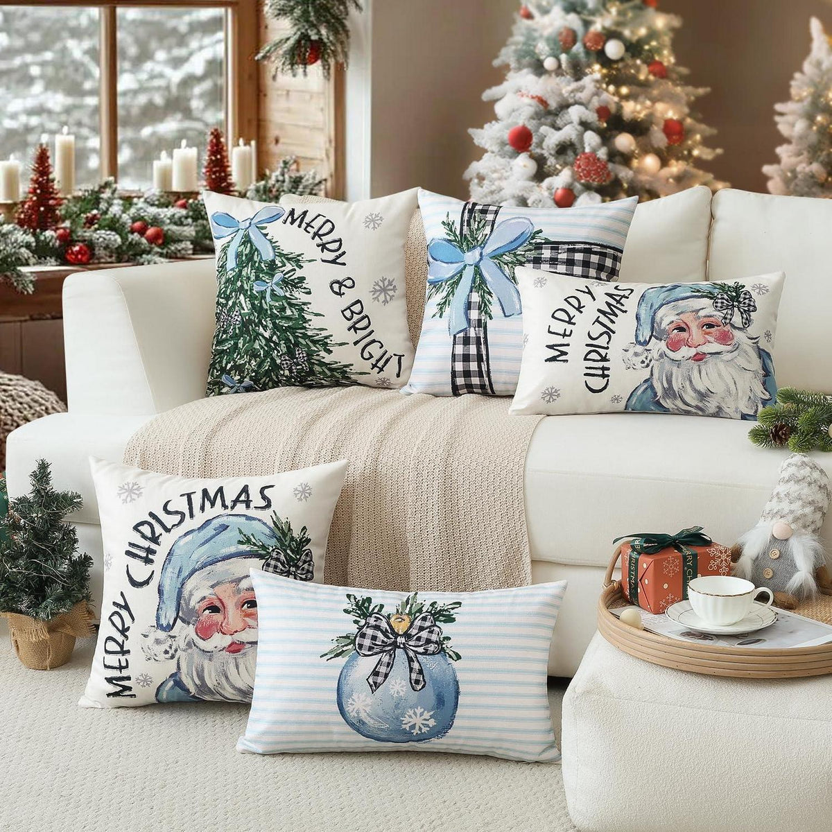 Weihnachtliche Kissenbezüge 4er-Set, 40x40cm, Weihnachtsmann & Baum