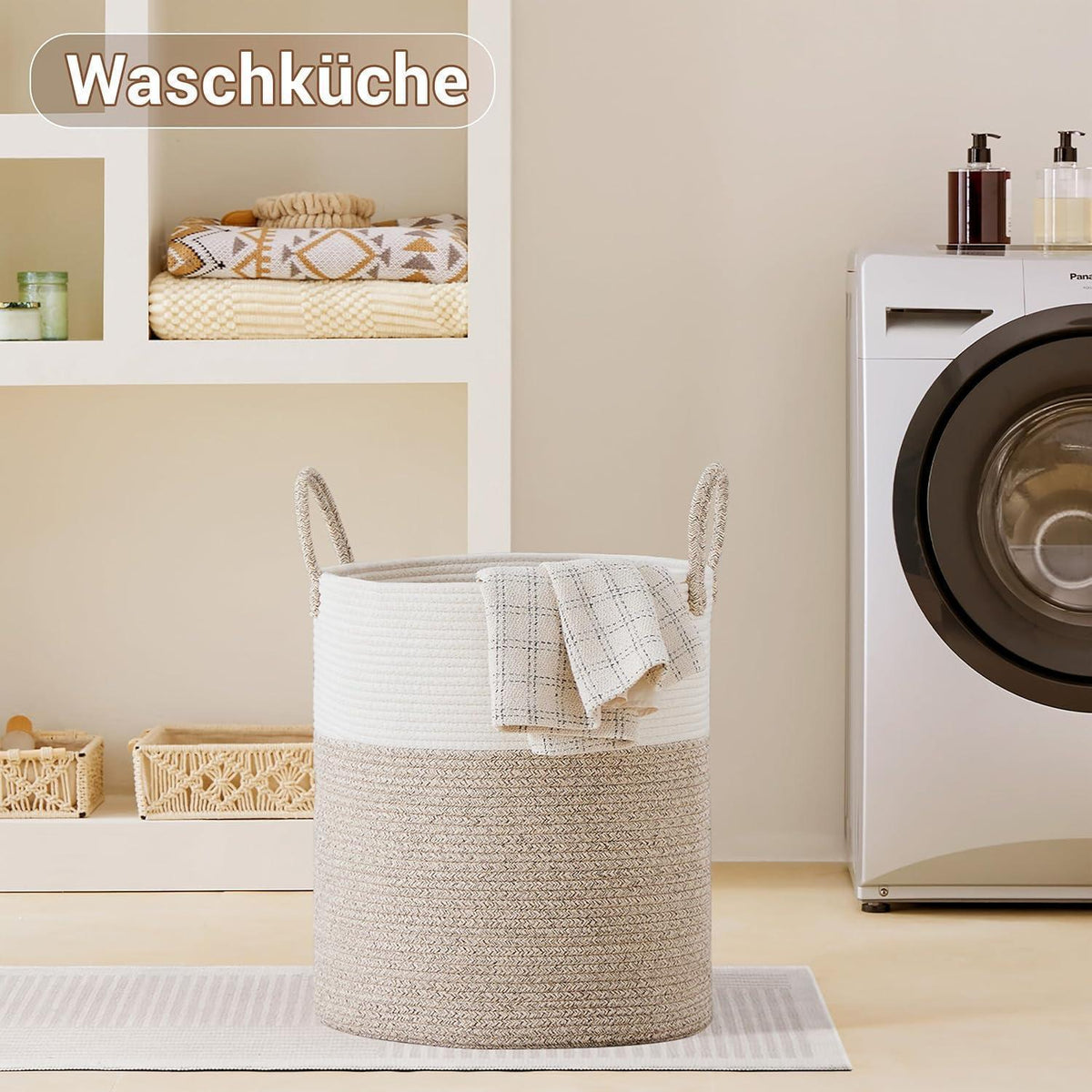 Geflochtener Wäschekorb 58L – Braun & Weiß mit Baumwollhenkeln