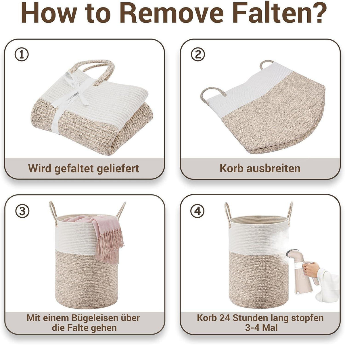 Geflochtener Wäschekorb 58L – Braun & Weiß mit Baumwollhenkeln