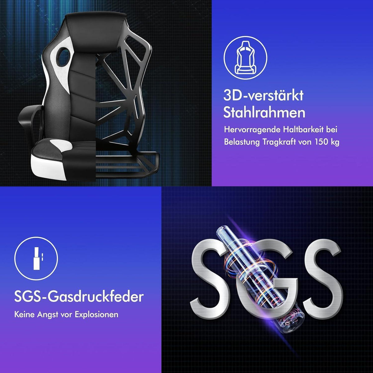 Ergonomischer Gaming-Stuhl mit mittlerer Rückenlehne, Weiß Mega