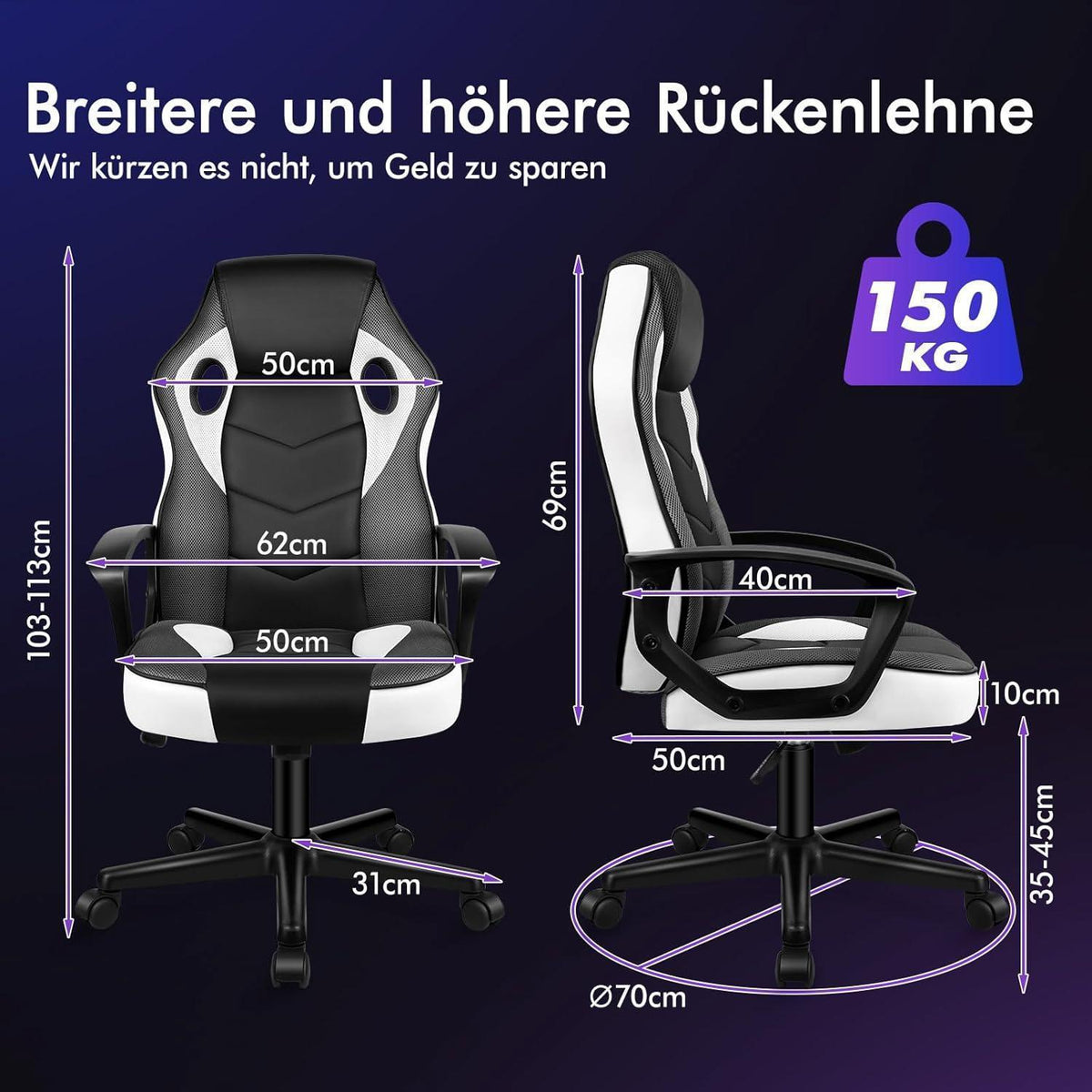 Ergonomischer Gaming-Stuhl mit mittlerer Rückenlehne, Weiß Mega
