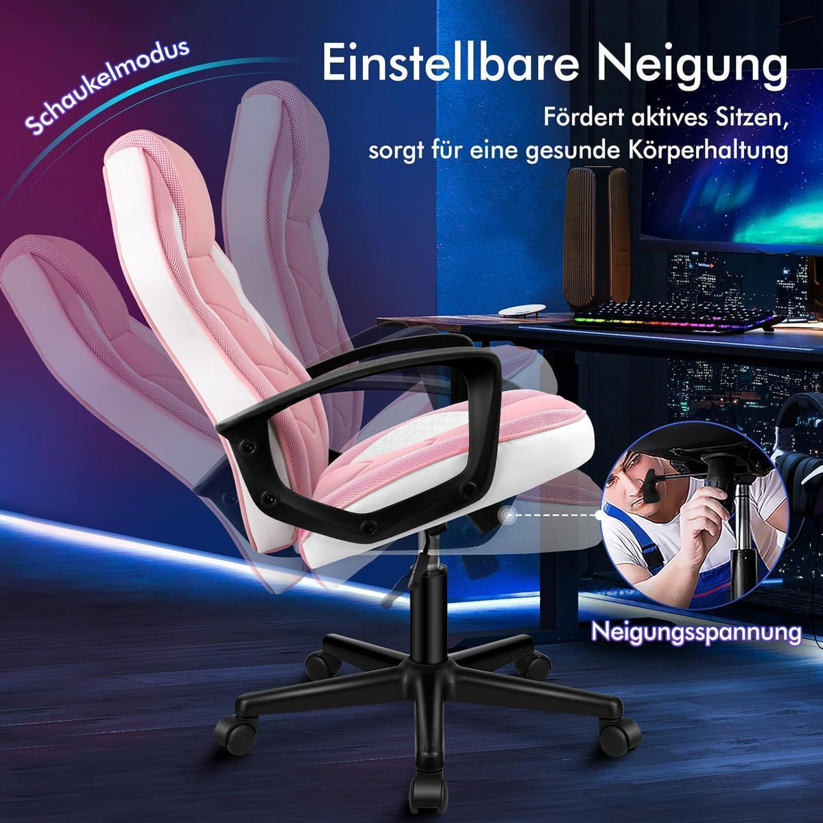 Ergonomischer Gaming-Stuhl mit mittlerer Rückenlehne, Rosa Mega