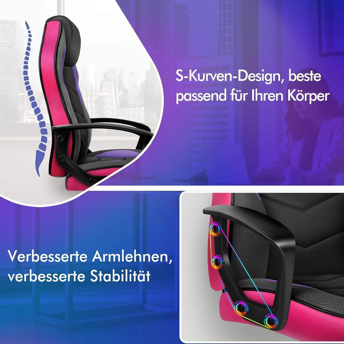 Ergonomischer Gaming-Schreibtischstuhl Lila Mega, 150 kg belastbar