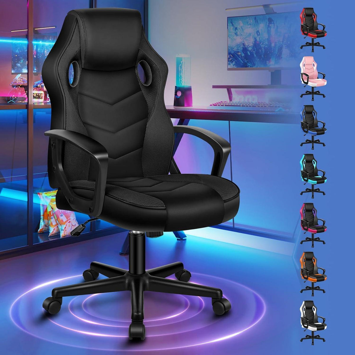 Ergonomischer Gaming-Stuhl mit mittlerer Rückenlehne, Stoff, Schwarz in Lederoptik
