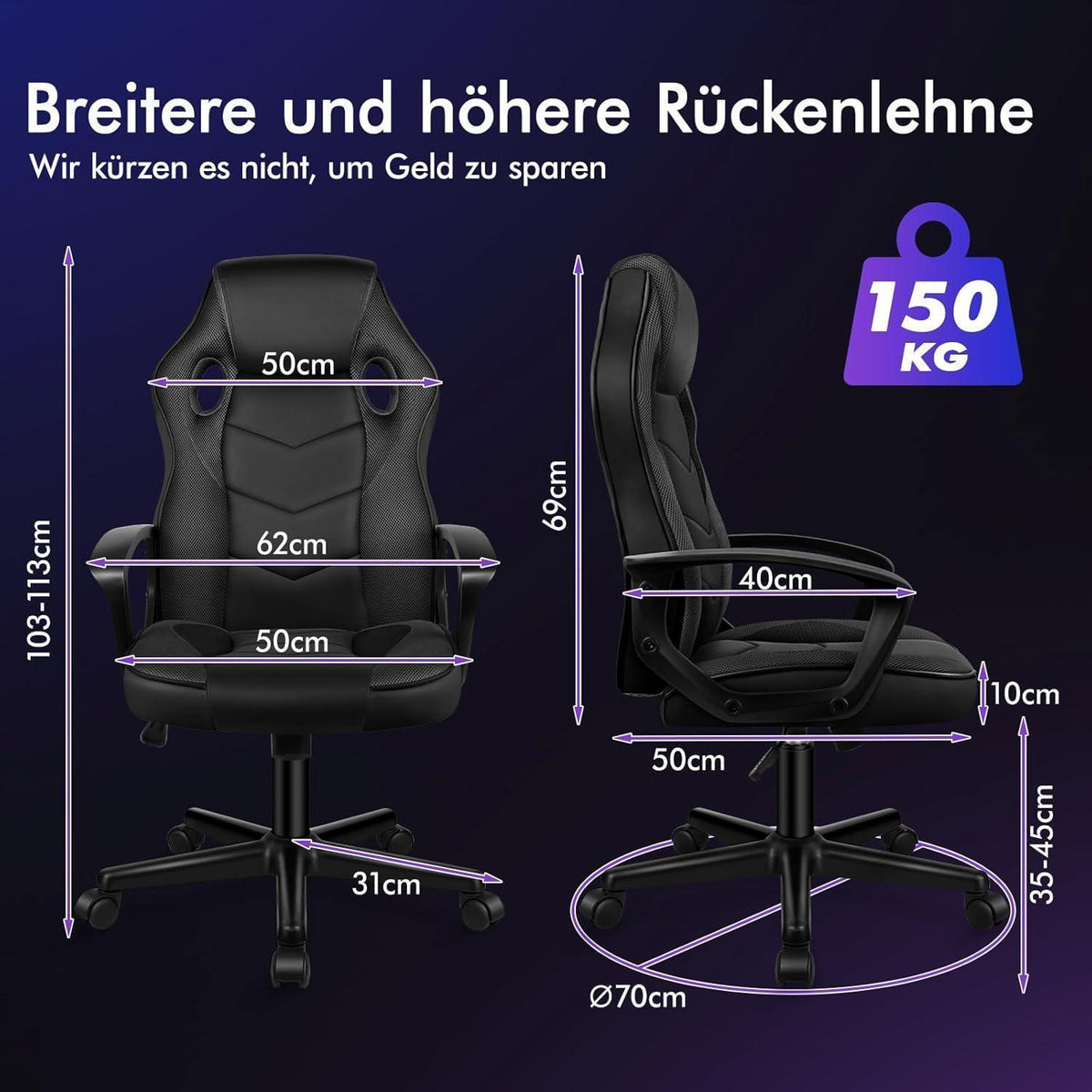 Ergonomischer Gaming-Stuhl mit mittlerer Rückenlehne, Stoff, Schwarz in Lederoptik