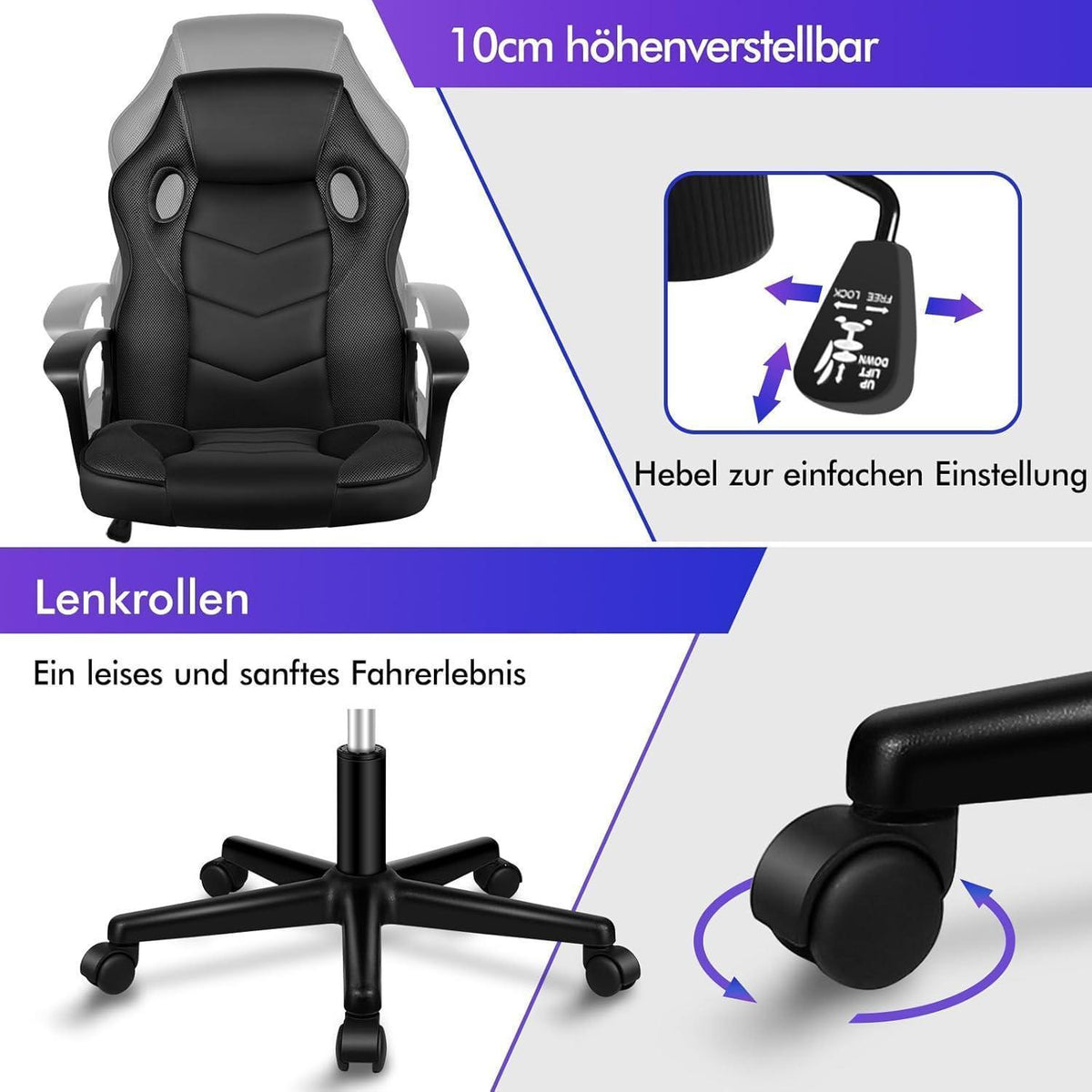 Ergonomischer Gaming-Stuhl mit mittlerer Rückenlehne, Stoff, Schwarz in Lederoptik