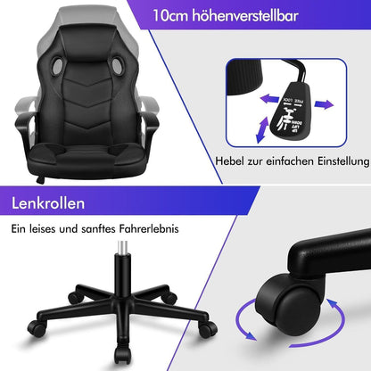 Ergonomischer Gaming-Stuhl mit mittlerer Rückenlehne, Stoff, Schwarz in Lederoptik