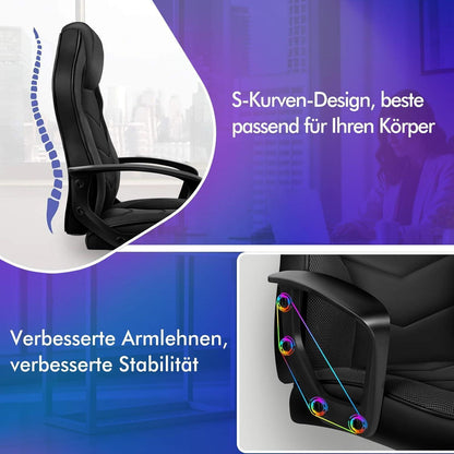 Ergonomischer Gaming-Stuhl mit mittlerer Rückenlehne, Stoff, Schwarz in Lederoptik